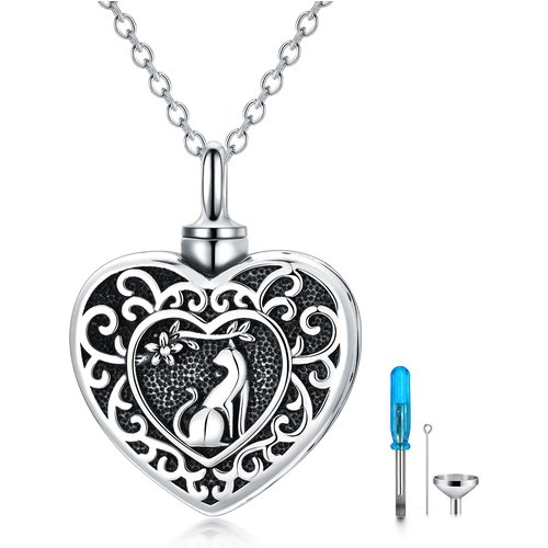 Sterling Silver Wolf & Heart Urn Necklace for Ashes with Engraved Word