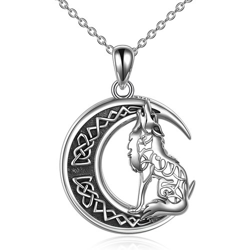 Sterling Silver Wolf & Moon Pendant Necklace
