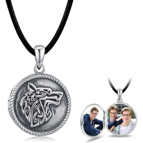Sterling Silver Wolf Personalized Photo Locket Necklace for Men