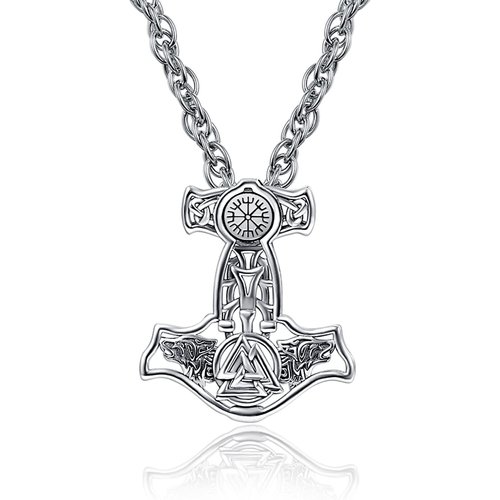 Sterling Silver Wolf Thor'S Hammer And Viking Rune Pendant Necklace For Men