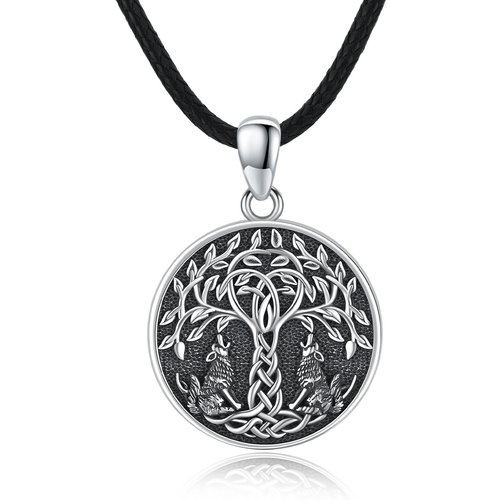 Sterling Silver Wolf & Tree Of Life Pendant Necklace