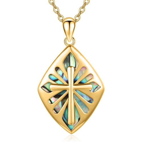 Sterling Silver with Yellow Gold Plated Abalone Shellfish Cross Pendant Necklace