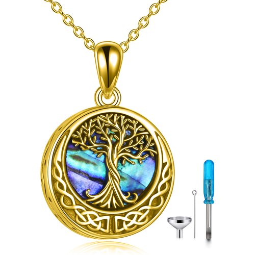 Sterling Silver With Yellow Gold Plated Abalone Shellfish Tree Of Life Celtic Knot Urn Necklace For Ashes With Engraved Word