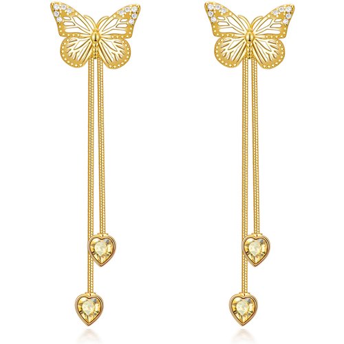 Sterling Silver with Yellow Gold Plated Cubic Zirconia Butterfly Drop Earrings
