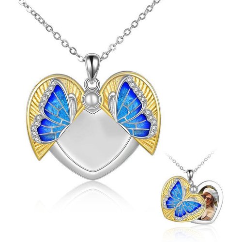 Sterling Silver with Yellow Gold Plated Butterfly & Heart Pendant Necklace