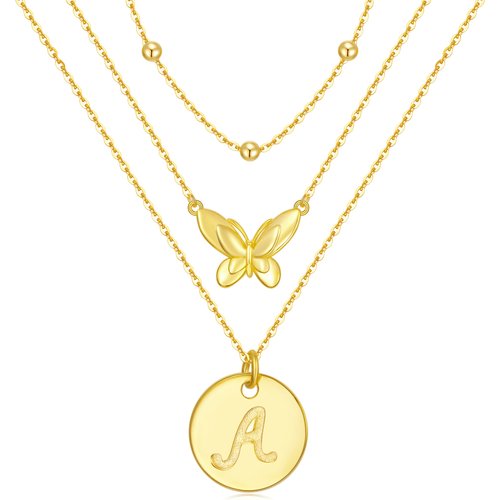 Sterling Silver With Gold Plated Butterfly Layered Necklace With Initial Letter A For Women