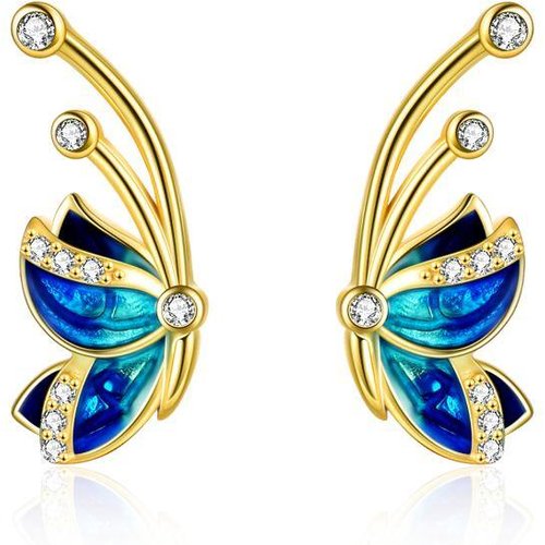 Sterling Silver with Yellow Gold Plated Cubic Zirconia Butterfly Stud Earrings