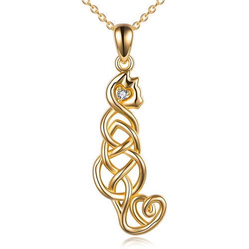 Sterling Silver with Yellow Gold Plated Cat & Celtic Knot Pendant Necklace