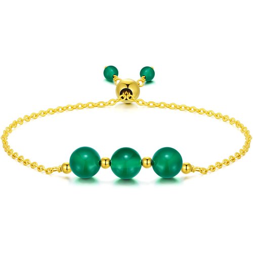 Sterling Silver with Yellow Gold Plated Circular Shaped Agate Bead Metal Beads Bracelet