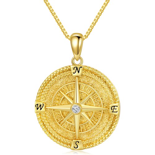 Sterling Silver With Yellow Gold Plated Circular Cubic Zirconia Compass Pendant Necklace With Initial Letter For Women