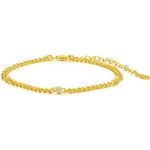 Sterling Silver with Yellow Gold Plated Circular Shaped Cubic Zirconia Curb Link Chain Bracelet