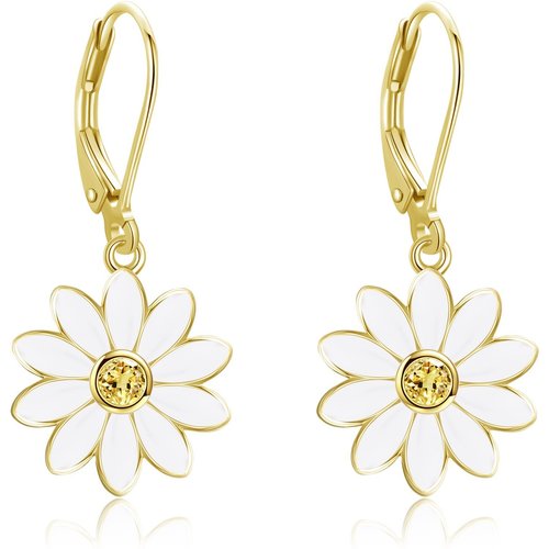 Sterling Silver with Yellow Gold Plated Circular Shaped Cubic Zirconia Daisy Drop Earrings
