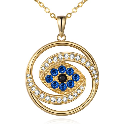 Sterling Silver with Yellow Gold Plated Circular Shaped Cubic Zirconia Evil Eye Pendant Necklace