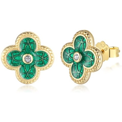 Sterling Silver with Yellow Gold Plated Circular Shaped Cubic Zirconia Four Leaf Clover Stud Earrings