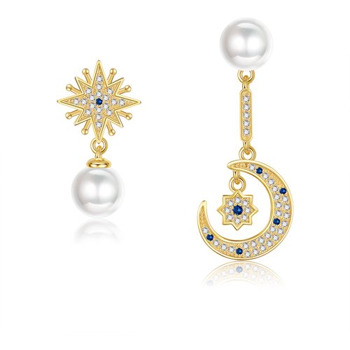 Sterling Silver With Yellow Gold Plated Circular Cubic Zirconia & Pearl Moon With Star Drop Earrings