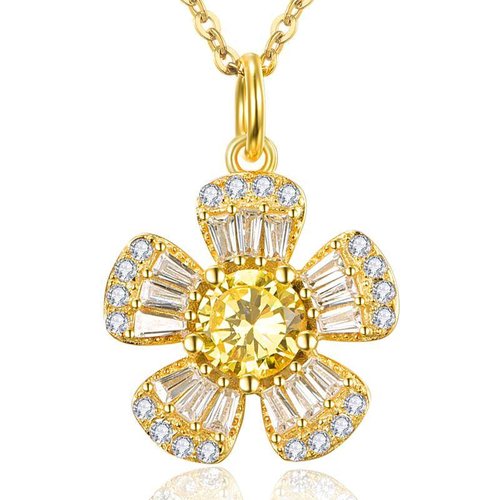 Sterling Silver With Yellow Gold Plated Circular Princess-Square Cubic Zirconia Sunflower Pendant Necklace For Women Best Friends