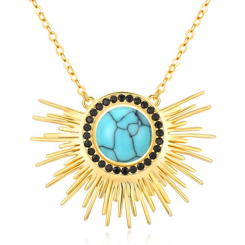 Sterling Silver with Yellow Gold Plated Circular Shaped Turquoise Sun Pendant Necklace