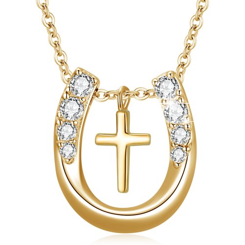 Sterling Silver with Yellow Gold Plated Cubic Zirconia Cross Horseshoe Pendant Necklace