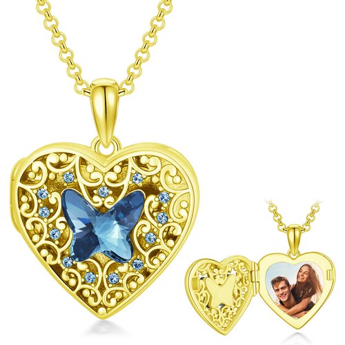 Sterling Silver With Yellow Gold Plated Crystal Butterfly Heart Personalized Photo Locket Necklace For Women