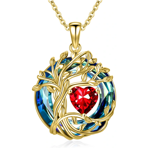 Sterling Silver with Yellow Gold Plated Crystal & Personalized Birthstone Tree Of Life & Heart Pendant Necklace