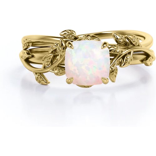 Sterling Silver with Yellow Gold Plated Cushion Shape Opal Leaves Engagement Ring