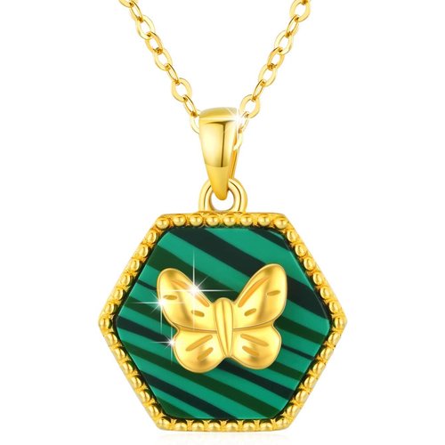 Sterling Silver with Yellow Gold Plated Five-Pointed Star Shaped Malachite Butterfly Pendant Necklace