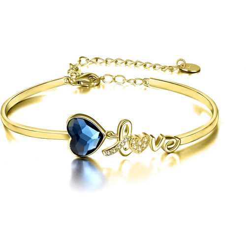 Sterling Silver with Yellow Gold Plated Heart Shaped Crystal Heart Pendant Bangle with Engraved Word