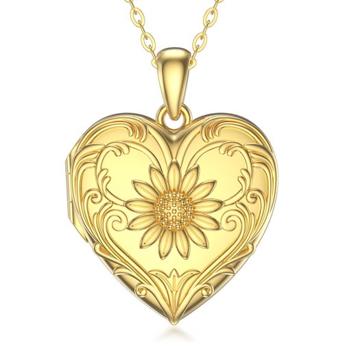 Sterling Silver with Yellow Gold Plated Heart & Sunflower Personalized Photo Locket Necklace