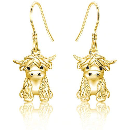 Sterling Silver with Yellow Gold Plated Highland Cow Drop Earrings