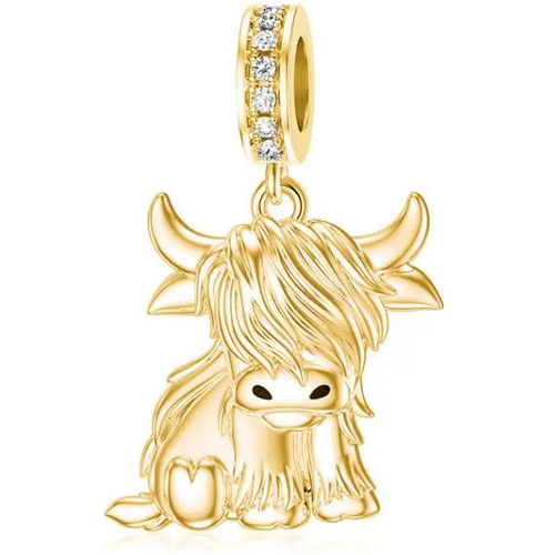 Sterling Silver with Yellow Gold Plated Cubic Zirconia Highland Cow Pendant Charms