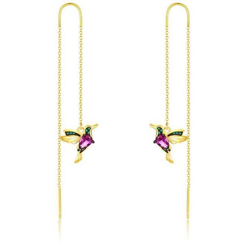 Sterling Silver with Yellow Gold Plated Cubic Zirconia Hummingbird Drop Earrings