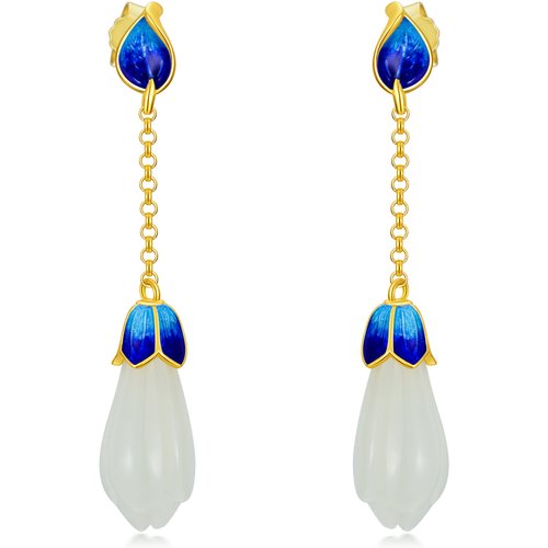 Sterling Silver with Yellow Gold Plated Jade Tulip Drop Earrings