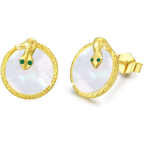Sterling Silver with Yellow Gold Plated Mother Of Pearl Snake Stud Earrings