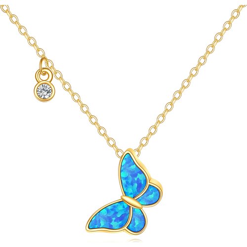Sterling Silver with Yellow Gold Plated Opal Butterfly Pendant Necklace