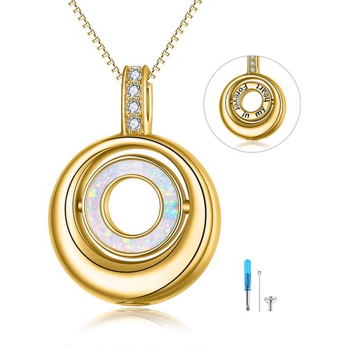 Sterling Silver With Yellow Gold Plated Opal Circle Urn Necklace For Ashes With Engraved Word For Women Best Friend