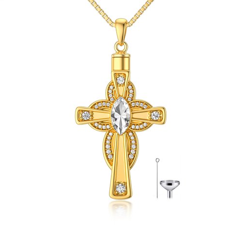 Sterling Silver with Yellow Gold Plated Oval Crystal Cross Urn Necklace for Ashes