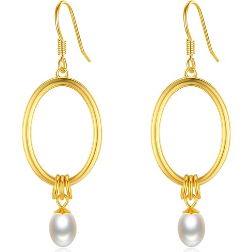 Sterling Silver With Yellow Gold Plated Oval Pearl Drop Earrings For Women