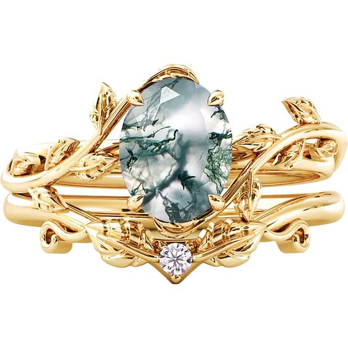 Sterling Silver with Yellow Gold Plated Oval Shaped Moss Agate Engagement Ring