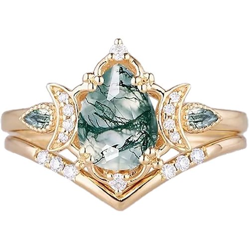Sterling Silver with Yellow Gold Plated Pear Shaped Moss Agate Triple Moon Goddess Engagement Ring