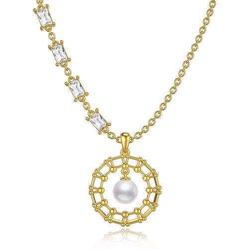 Sterling Silver with Yellow Gold Plated Pearl Circle Pendant Necklace