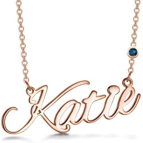 Sterling Silver With Rose Gold Plated Personalised Birthstone Classic Name Pendant Necklace For Women