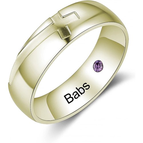 Sterling Silver with Yellow Gold Plated Cubic Zirconia Personalized Birthstone & Personalized Engraving & Cross Rings