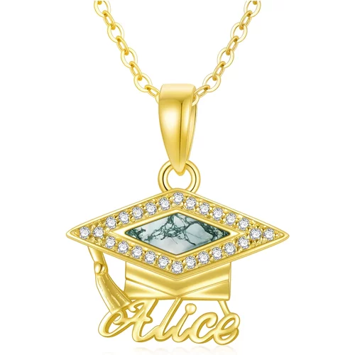 Sterling Silver with Yellow Gold Plated Princess-square Shaped Moss Agate Personalized Classic Name & Trencher Cap Pendant Necklace