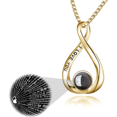 Sterling Silver Two-Tone Projection Stone Infinite Symbol Pendant Necklace With Engraved Word For Women