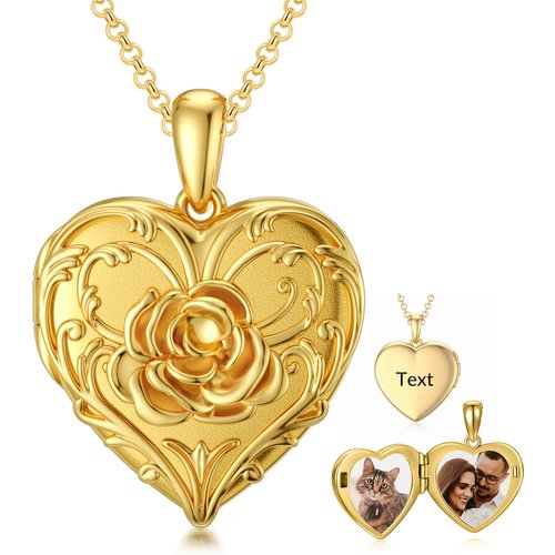 Sterling Silver with Yellow Gold Plated Rose Heart Personalized Engraving Photo Locket Necklace