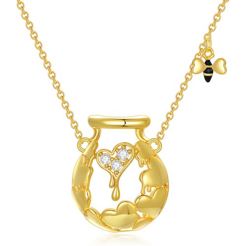 Sterling Silver with Yellow Gold Plated Round Cubic Zirconia Bee & Heart Pendant Necklace