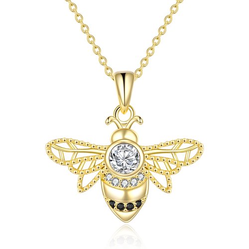 Sterling Silver with Yellow Gold Plated Round Cubic Zirconia Bees Pendant Necklace