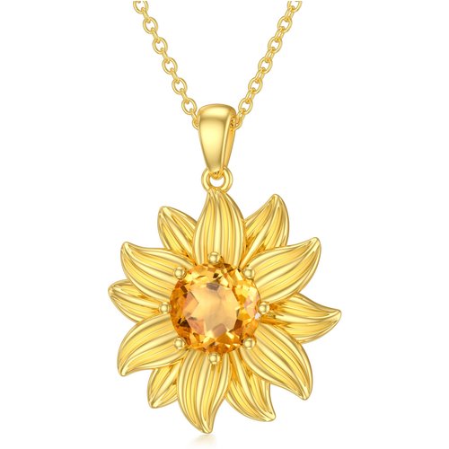 Sterling Silver with Yellow Gold Plated Round Crystal Sunflower Pendant Necklace