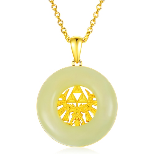 Sterling Silver with Yellow Gold Plated Round Jade Triforce Pendant Necklace