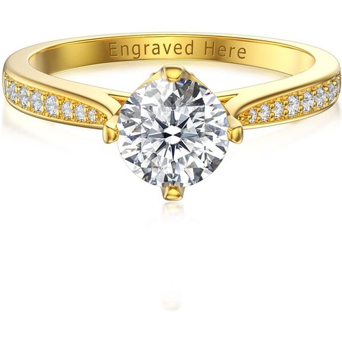Sterling Silver with Yellow Gold Plated Round Moissanite Personalized Engraving Engagement Ring For Her